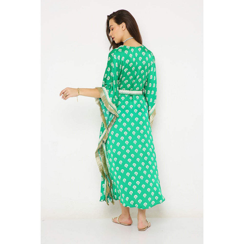 Neha Mehra Green Barfi Modal Long Kaftan Dress with Belt (Set of 2)