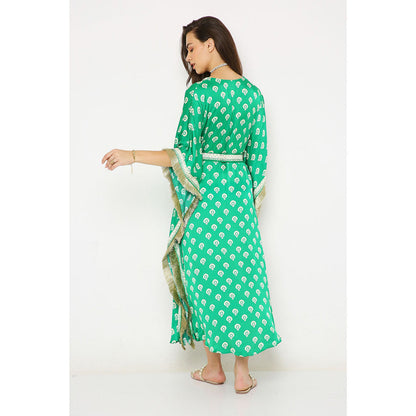 Neha Mehra Green Barfi Modal Long Kaftan Dress with Belt (Set of 2)