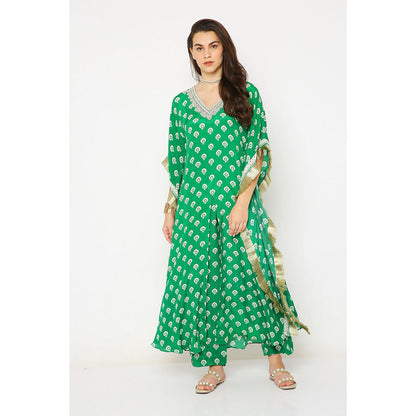 Neha Mehra Green Barfi Crepe Front Slit Kaftan with Pants (Set of 2)
