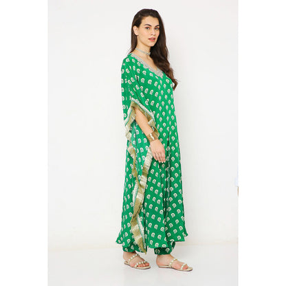 Neha Mehra Green Barfi Crepe Front Slit Kaftan with Pants (Set of 2)