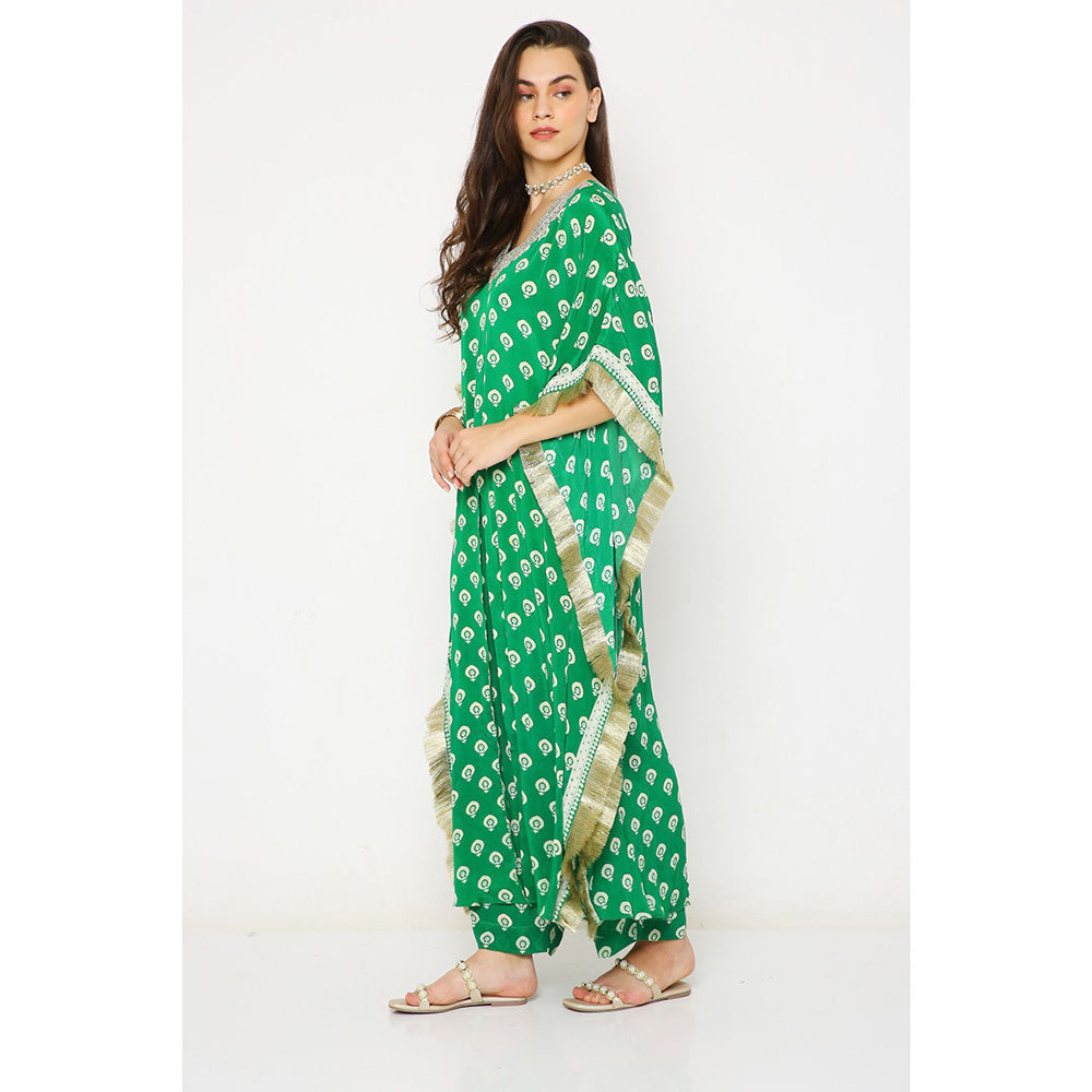 Neha Mehra Green Barfi Crepe Front Slit Kaftan with Pants (Set of 2)