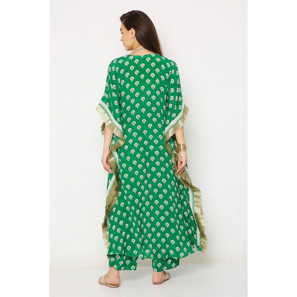Neha Mehra Green Barfi Crepe Front Slit Kaftan with Pants (Set of 2)