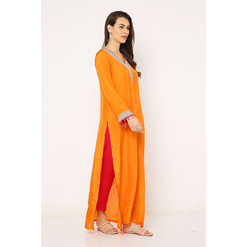 Neha Mehra Orange Silk Embroidered Kurta with Hot Pink Pants (Set of 2)