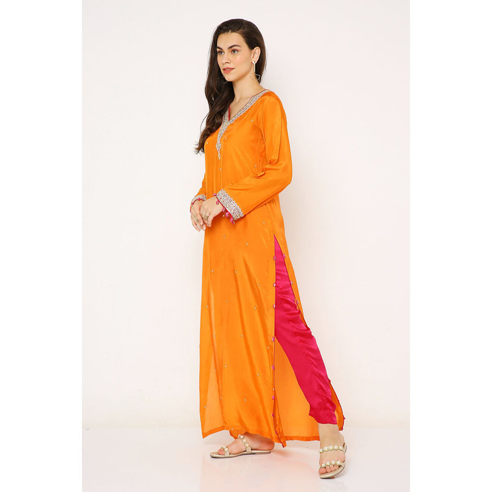 Neha Mehra Orange Silk Embroidered Kurta with Hot Pink Pants (Set of 2)