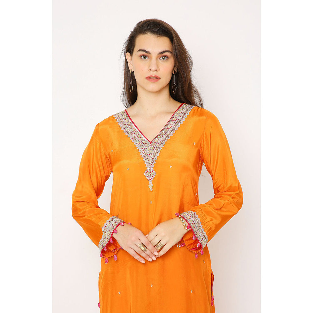 Neha Mehra Orange Silk Embroidered Kurta with Hot Pink Pants (Set of 2)