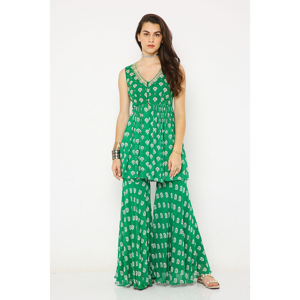 Neha Mehra Green Barfi Georgette Embroidered Peplum Kurti with Sharara (Set of 2)