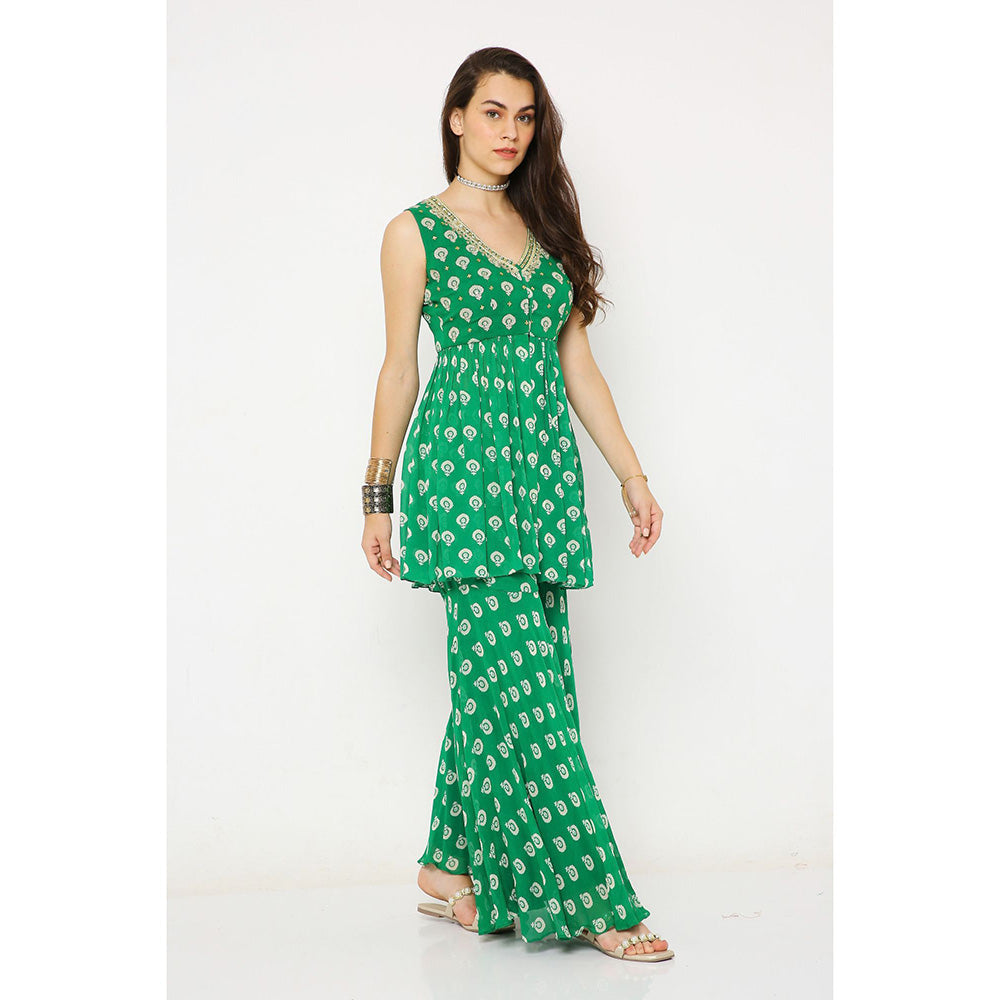 Neha Mehra Green Barfi Georgette Embroidered Peplum Kurti with Sharara (Set of 2)