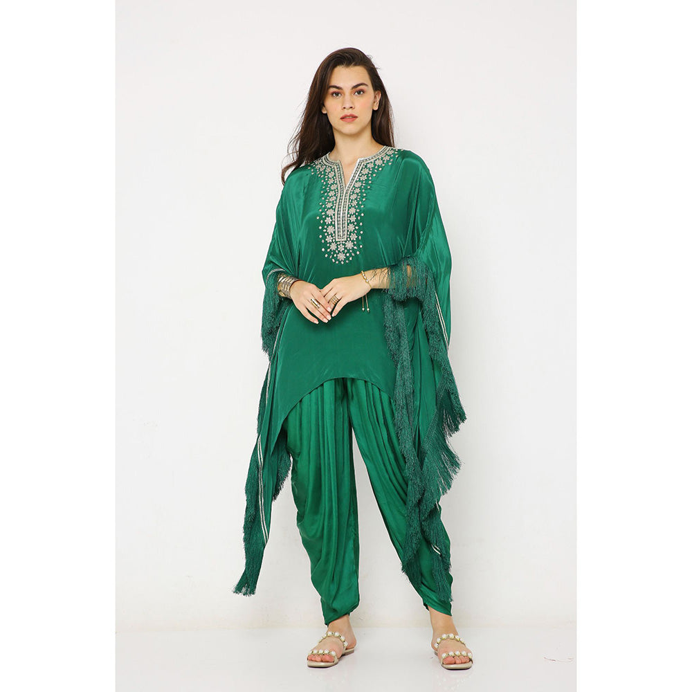 Neha Mehra Green Crepe Asymmetrical Kaftan with Modal Dhoti Pants (Set of 2)