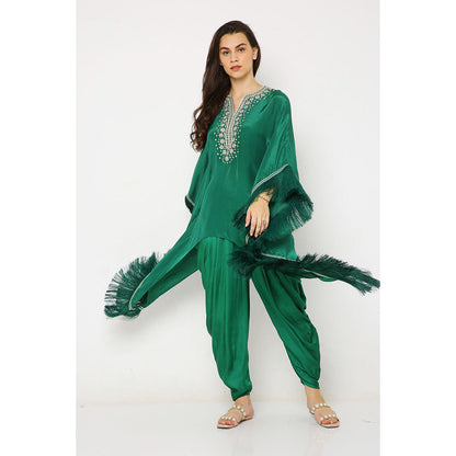Neha Mehra Green Crepe Asymmetrical Kaftan with Modal Dhoti Pants (Set of 2)
