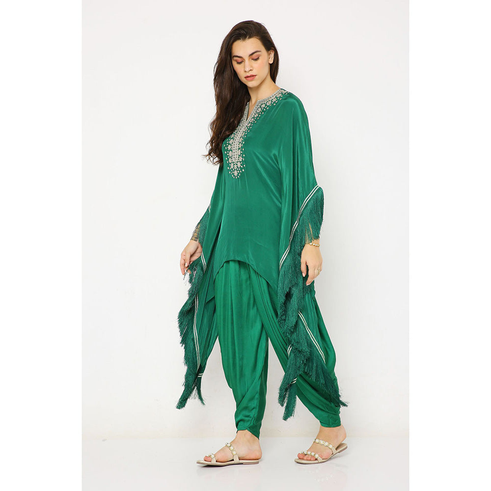 Neha Mehra Green Crepe Asymmetrical Kaftan with Modal Dhoti Pants (Set of 2)