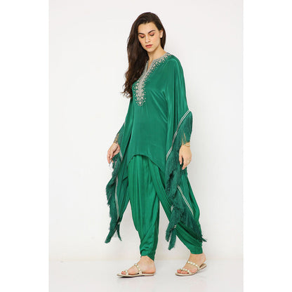 Neha Mehra Green Crepe Asymmetrical Kaftan with Modal Dhoti Pants (Set of 2)