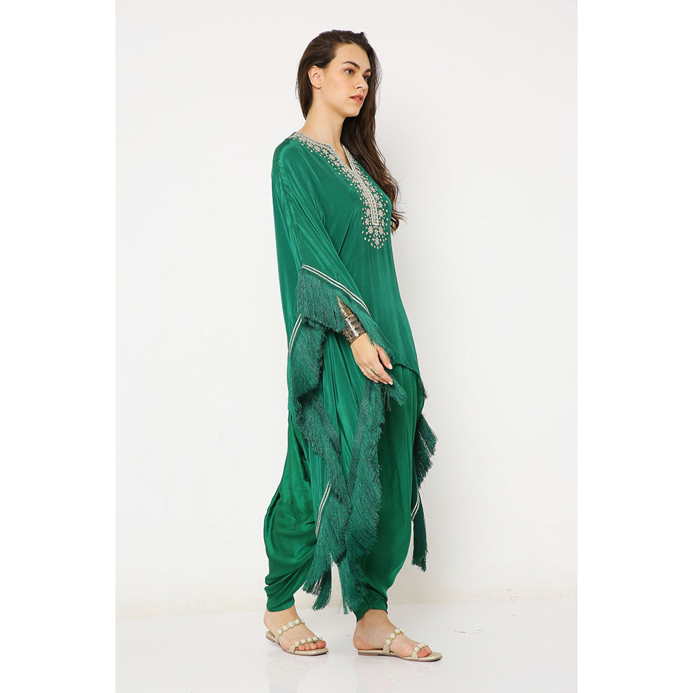 Neha Mehra Green Crepe Asymmetrical Kaftan with Modal Dhoti Pants (Set of 2)
