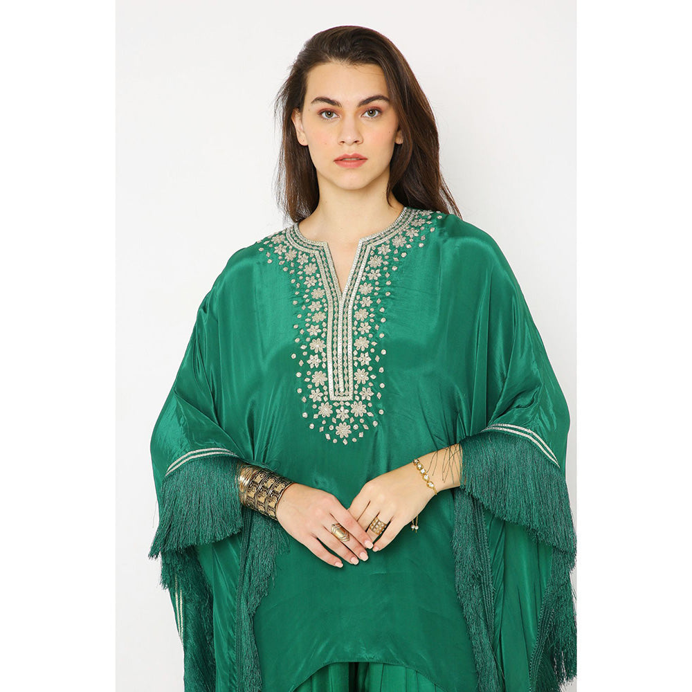 Neha Mehra Green Crepe Asymmetrical Kaftan with Modal Dhoti Pants (Set of 2)