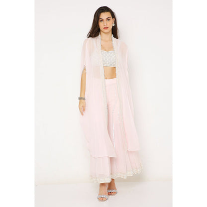 Neha Mehra Candy Pink Georgette Embroidered Bustier with Cape and Sharara (Set of 3)
