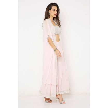 Neha Mehra Candy Pink Georgette Embroidered Bustier with Cape and Sharara (Set of 3)