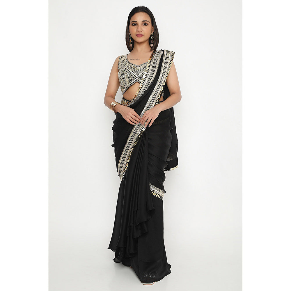 Neha Mehra Black Embroidered Pre Drape Saree without Blouse