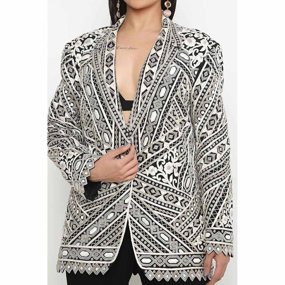 Neha Mehra Black Embroidered Blazer with Bustier and Sharara (Set of 3)
