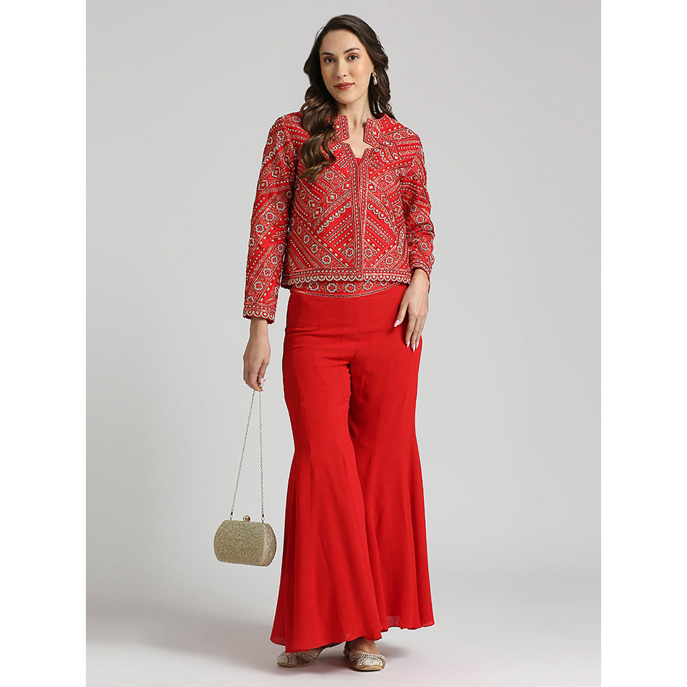 Neha Mehra Red Embroidered Jacket with Bustier and Sharara (Set of 3)