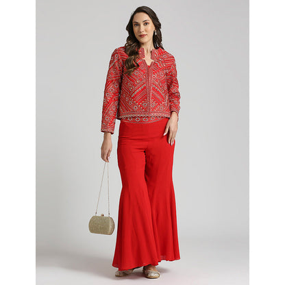 Neha Mehra Red Embroidered Jacket with Bustier and Sharara (Set of 3)