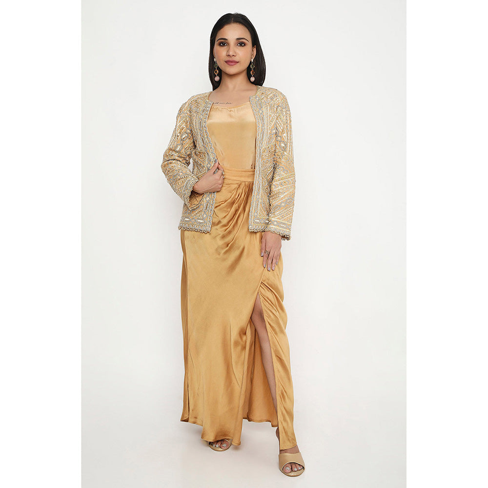 Neha Mehra Golden Embroidered Jacket with Slip and Skirt (Set of 3)
