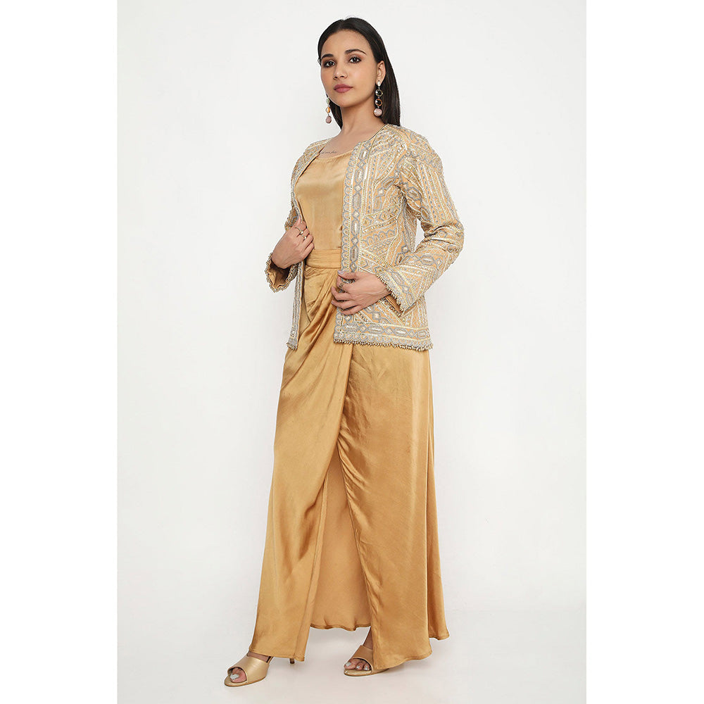 Neha Mehra Golden Embroidered Jacket with Slip and Skirt (Set of 3)