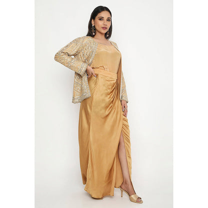 Neha Mehra Golden Embroidered Jacket with Slip and Skirt (Set of 3)