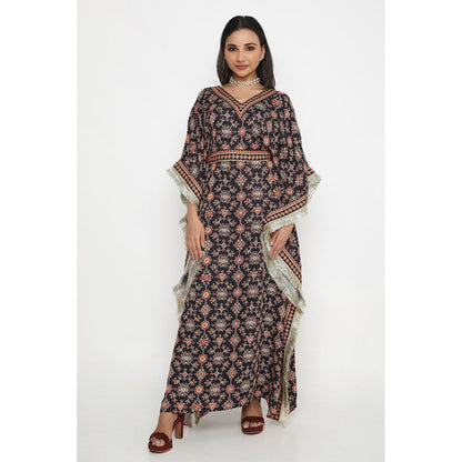Neha Mehra Black Killa Printed Kaftan Dress with Belt (Set of 2)