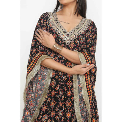 Neha Mehra Black Killa Printed Front Slit Kaftan and Pant (Set of 2)