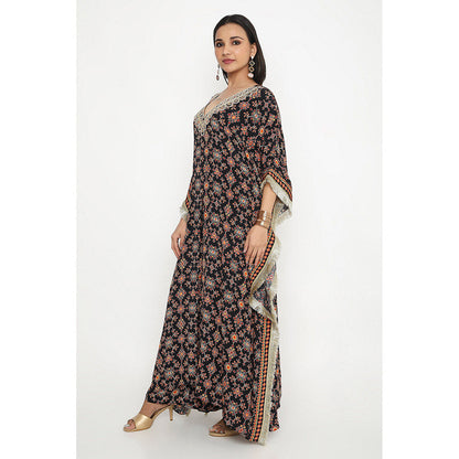 Neha Mehra Black Killa Printed Front Slit Kaftan and Pant (Set of 2)