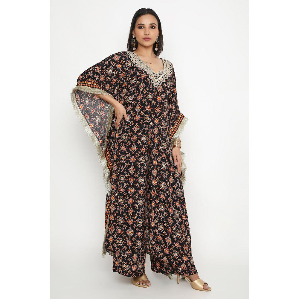 Neha Mehra Black Killa Printed Front Slit Kaftan and Pant (Set of 2)