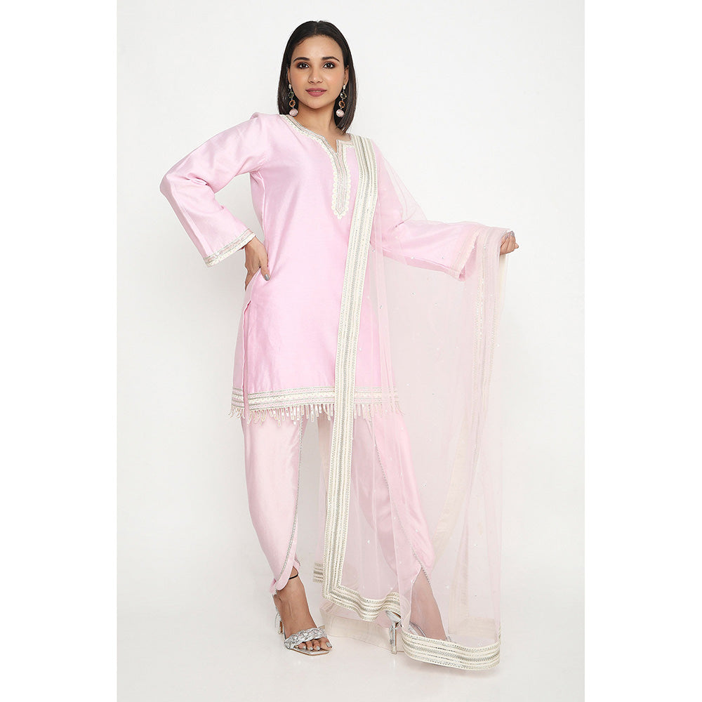 Neha Mehra Candy Pink Embroidered Kurta and Tulip Pant with Dupatta (Set of 3)