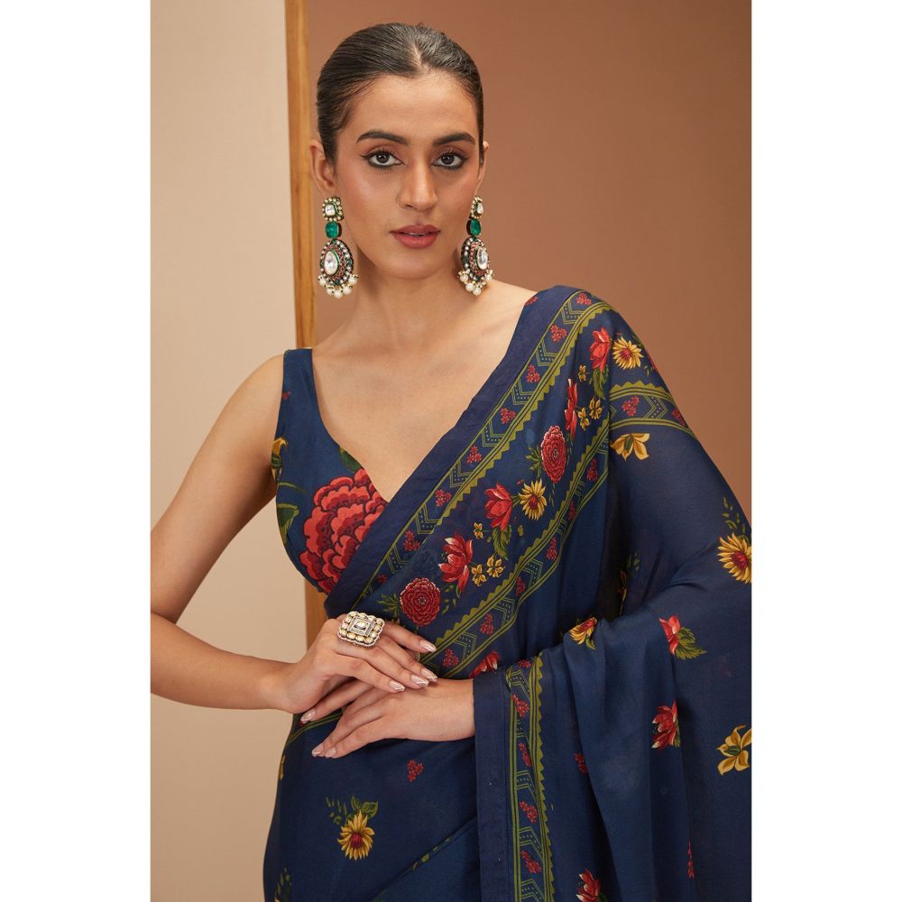 Neha Khullar Blue Printed Saree with Petticoat and Stitched Blouse