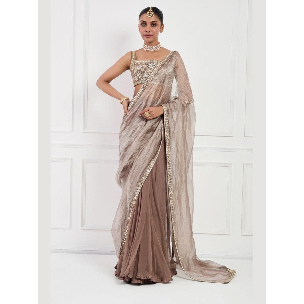 Neha Khullar Mocha Muse Mirror Work Pre Drape Saree and Stitched Blouse Set