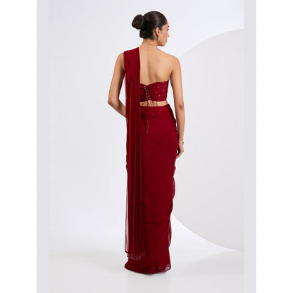 Neha Khullar Red Pre Draped Saree Set with Heavily Embellished Corset Blouse