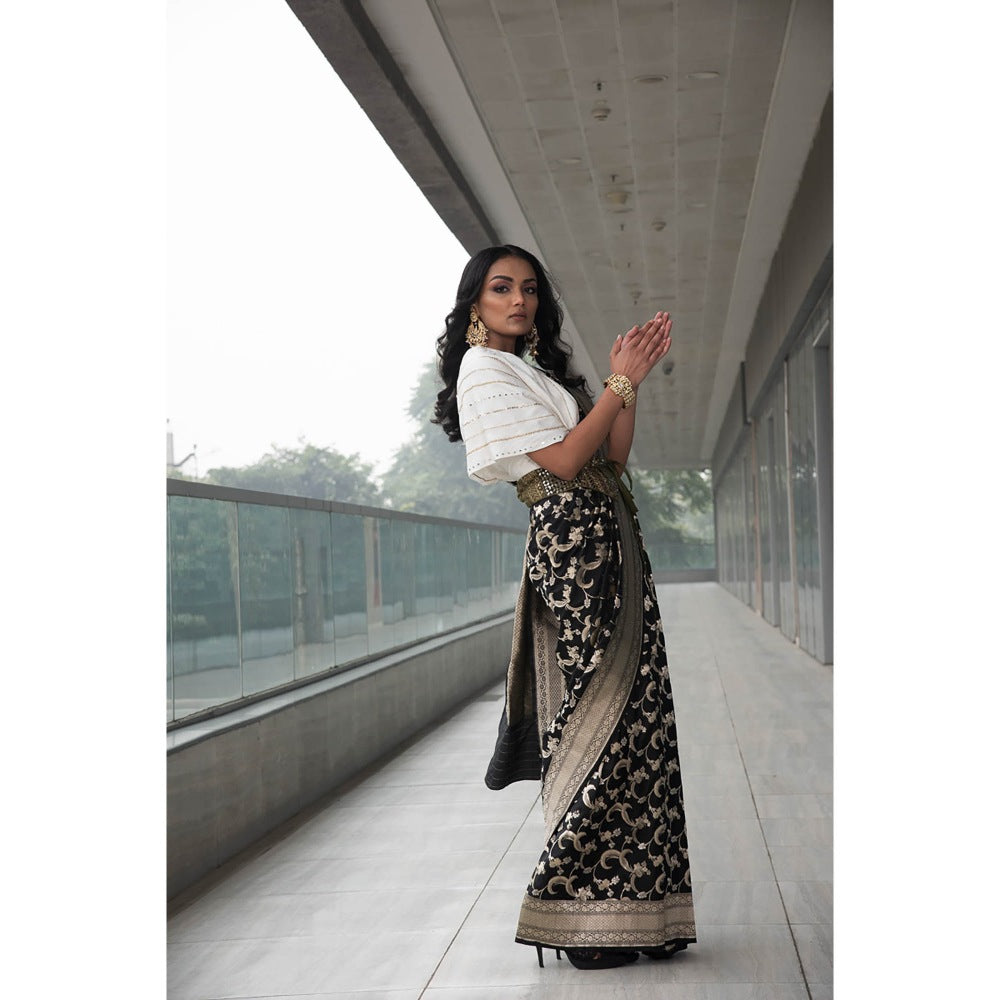 Neha Tarun Ivory Saree with Embroidered Cowl Top and Belt