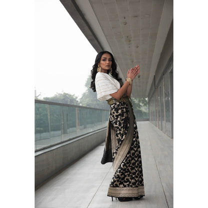 Neha Tarun Ivory Saree with Embroidered Cowl Top and Belt