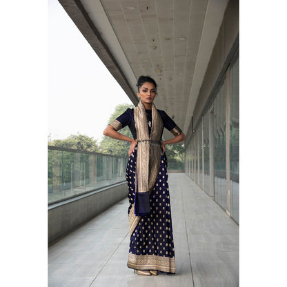 Neha Tarun Navy Blue Pure Katan Silk Saree and Belt with Stitched Blouse