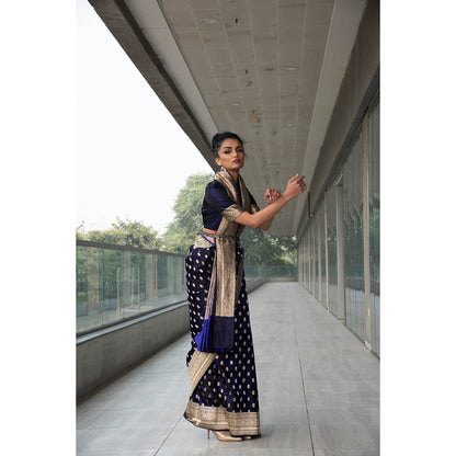 Neha Tarun Navy Blue Pure Katan Silk Saree and Belt with Stitched Blouse