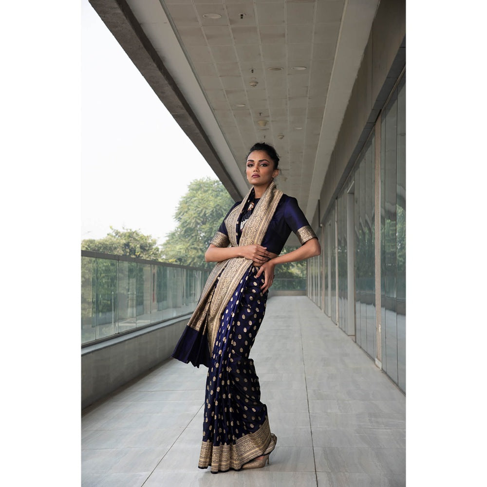 Neha Tarun Navy Blue Pure Katan Silk Saree and Belt with Stitched Blouse
