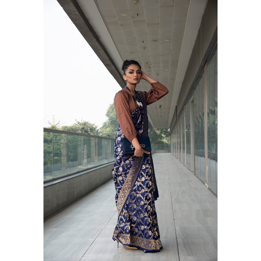 Neha Tarun Navy Blue Pure Katan Silk Saree with Stitched Blouse