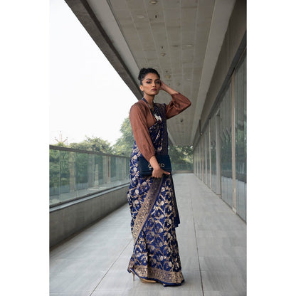 Neha Tarun Navy Blue Pure Katan Silk Saree with Stitched Blouse