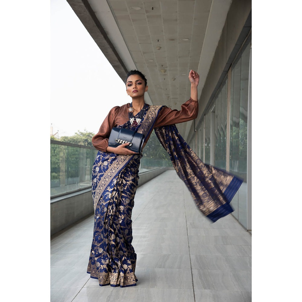 Neha Tarun Navy Blue Pure Katan Silk Saree with Stitched Blouse