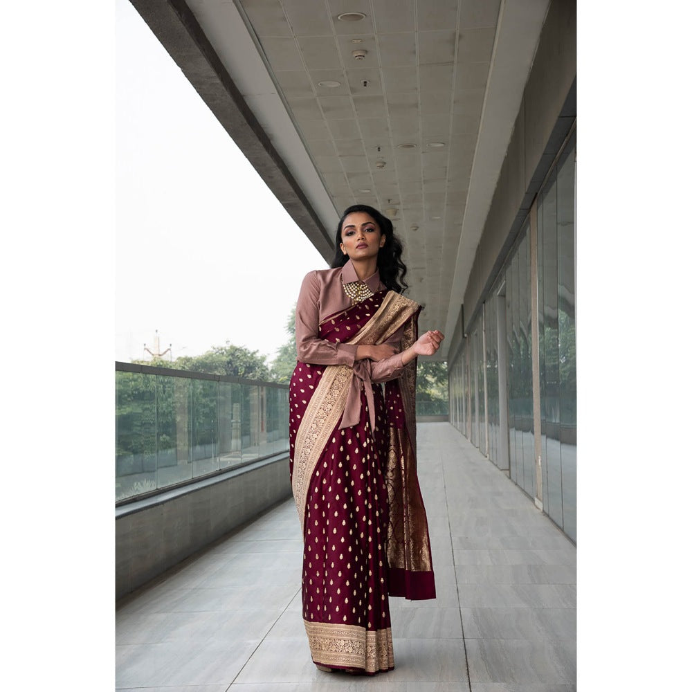 Neha Tarun Maroon Saree with Cropped Shirt Blouse and Belt