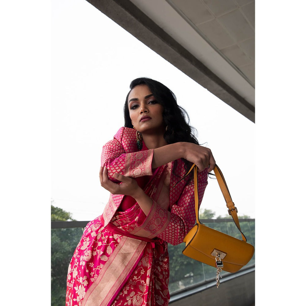 Neha Tarun Pink Woven Saree and Short Jacket with Stitched Blouse