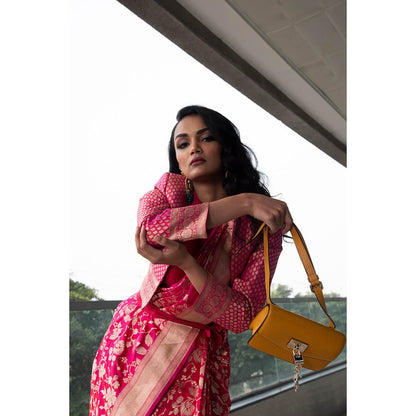 Neha Tarun Pink Woven Saree and Short Jacket with Stitched Blouse