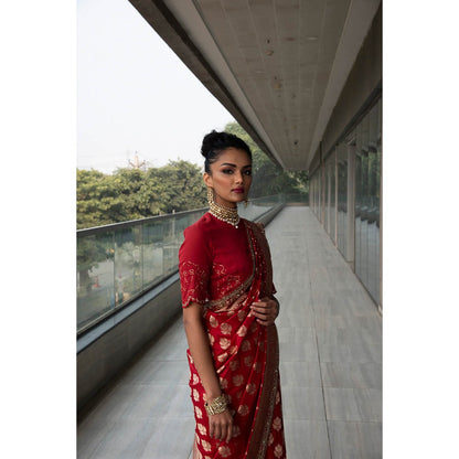 Neha Tarun Red Woven Saree with Stitched Blouse