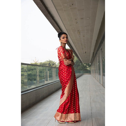 Neha Tarun Red Woven Saree with Stitched Blouse