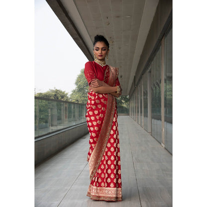 Neha Tarun Red Woven Saree with Stitched Blouse