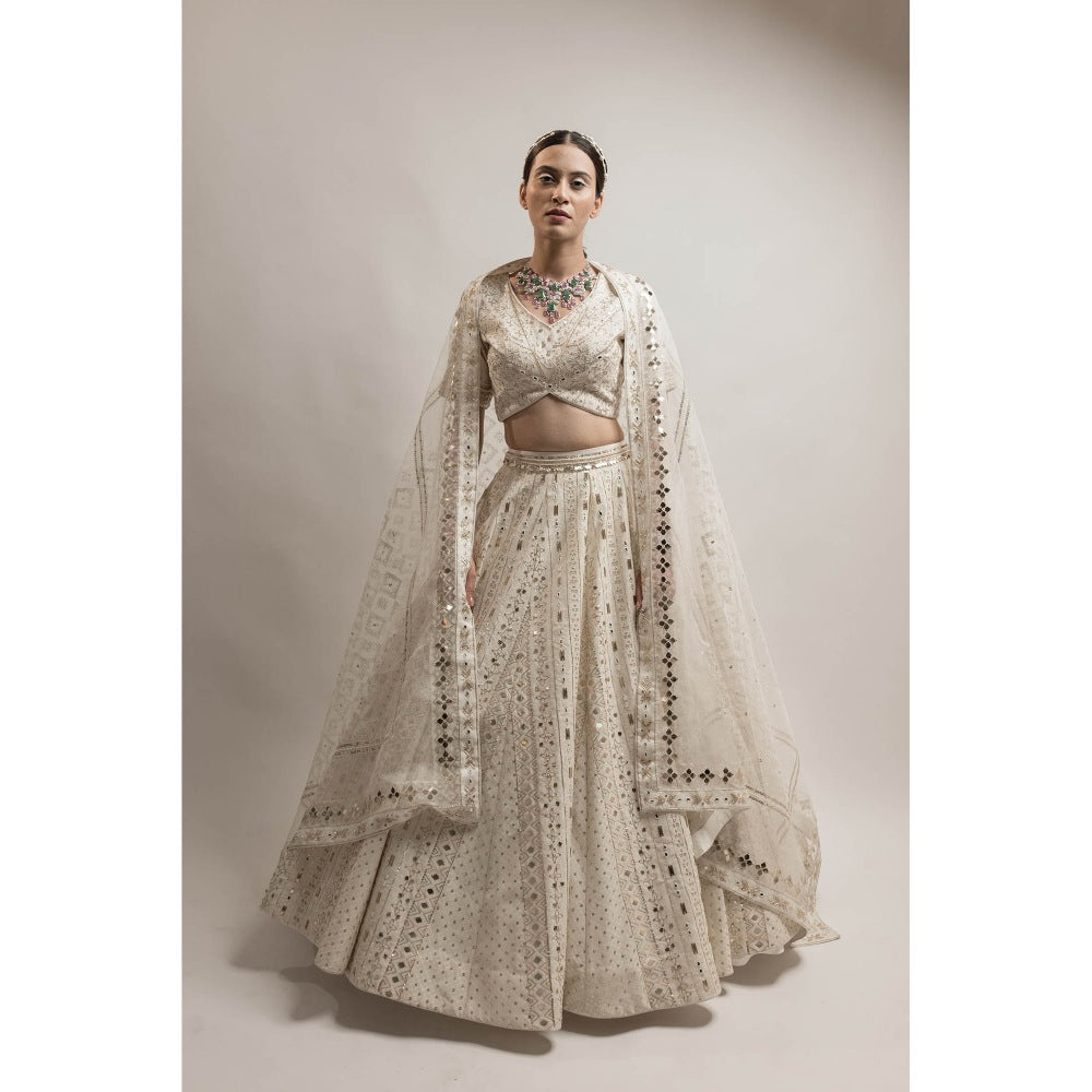 Neha Tarun Ivory Embroidered Lehenga with V Neck Blouse and Dupatta (Set of 3)