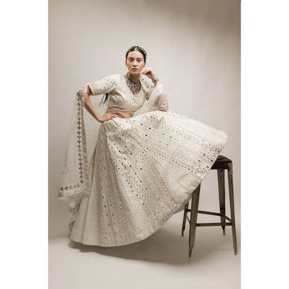 Neha Tarun Ivory Embroidered Lehenga with V Neck Blouse and Dupatta (Set of 3)